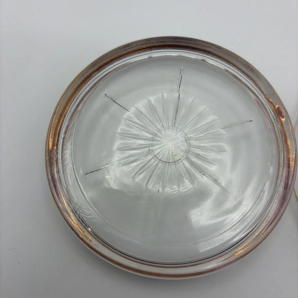 Vintage Mid century Starburst Depression Glass Coaster with gold trim.